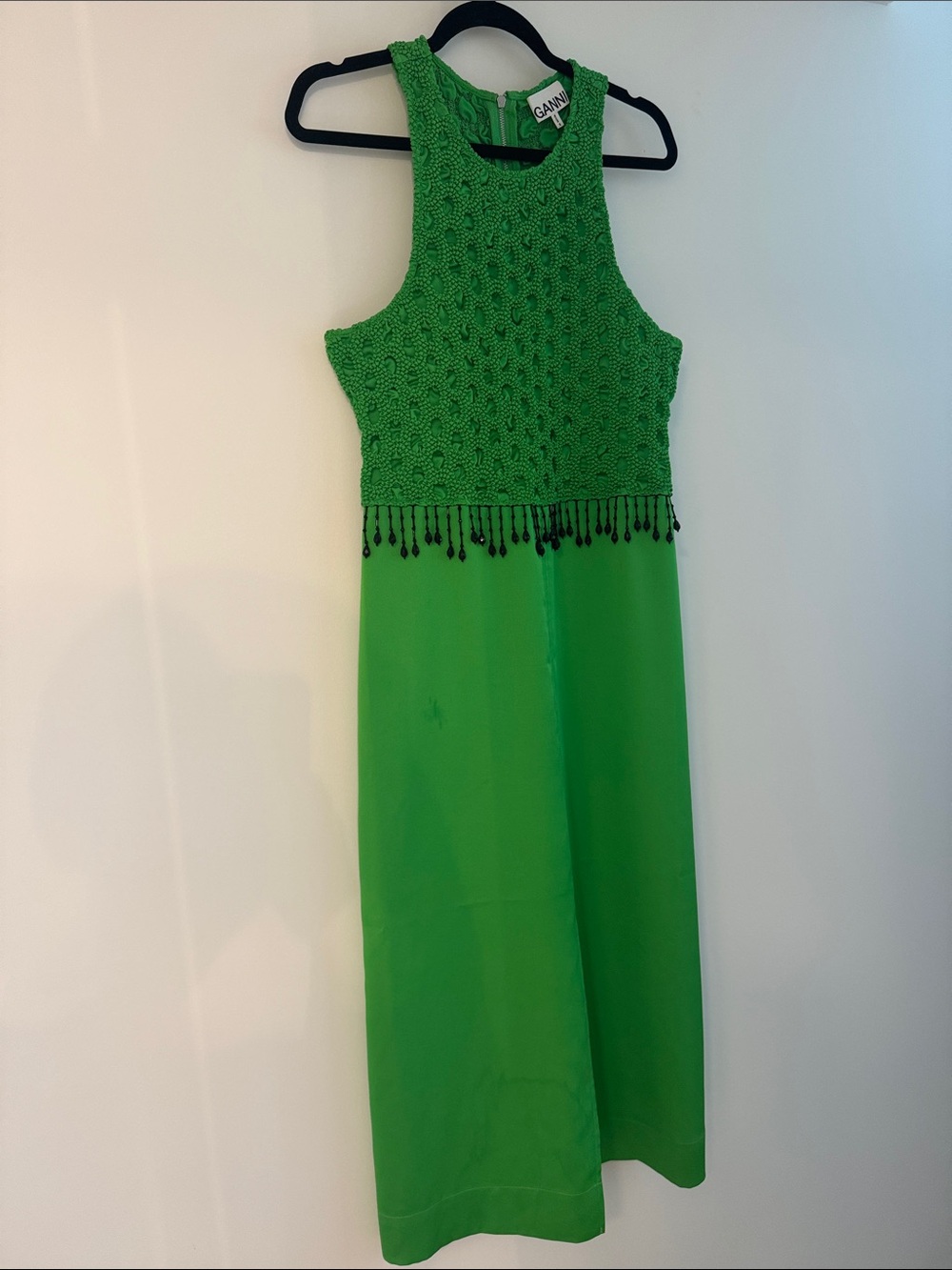 Ganni Green Knit Bodice Midi Dress with Beaded Trim